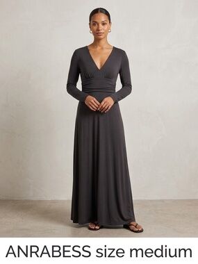 ANRABESS Black V-Neck Long Sleeve Maxi Dress - Size Medium